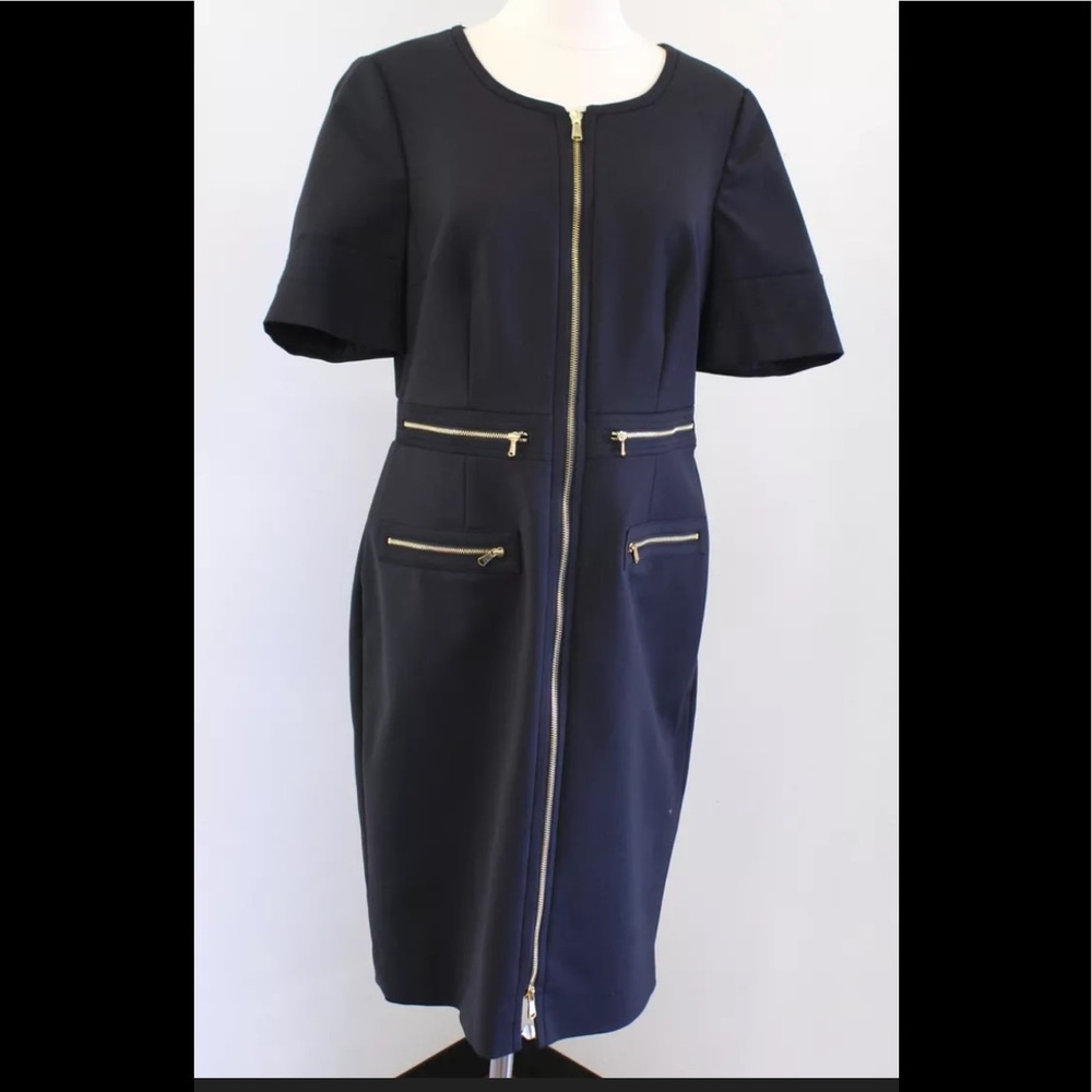 CARLISLE ZIP FRONT BLACK LINED SHEATH DRESS. EUC